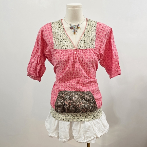 Mng Casual Tops - MNG casual sportswear vintage pink floral colorful blouse with buttons and pocke